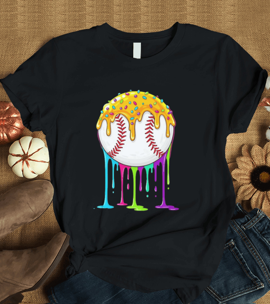 Baseball Dripping Icing Candy Sprinkles Rainbow T-Shirt