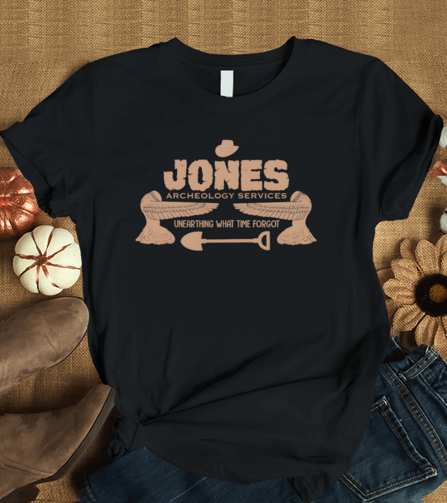 Jones Archaeology Services Unearthing What Time Forgot Adventure Shovel Winged Hat T-Shirt