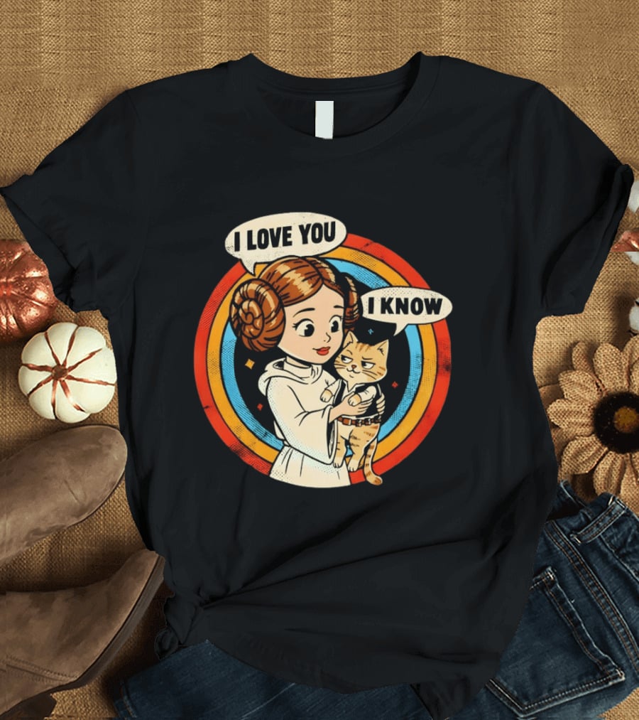 Princess Leia Style Girl Holding Cat I Love You I Know Retro 70s Cartoon T-Shirt