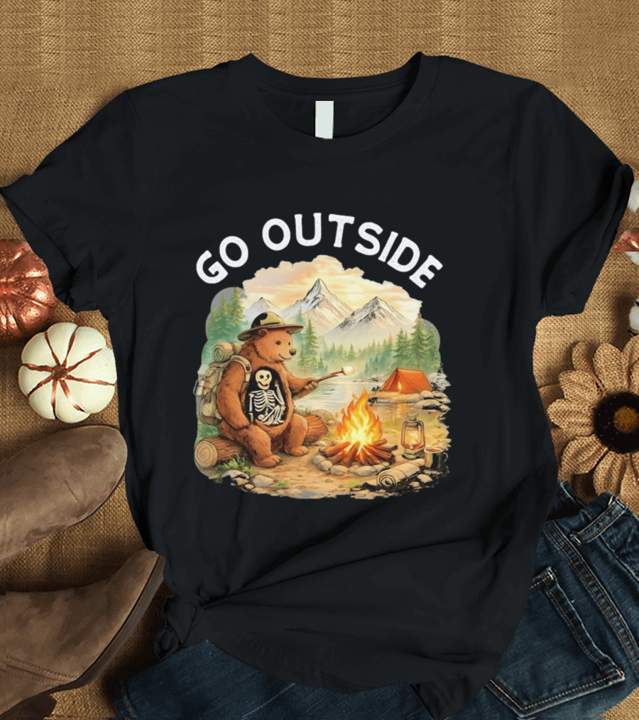 Hiking Bear Campfire Skeleton Inside Bear's Stomach Go Outside T-Shirt