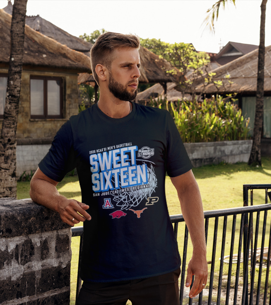 2026 NCAA DI Men's Basketball Sweet Sixteen San Jose West Regional Arizona Arkansas Texas Purdue Logos T-Shirt