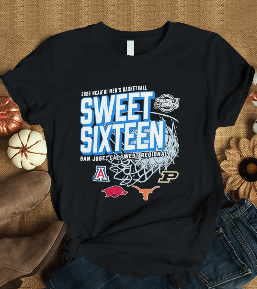 2026 NCAA DI Men's Basketball Sweet Sixteen San Jose West Regional Arizona Arkansas Texas Purdue Logos T-Shirt