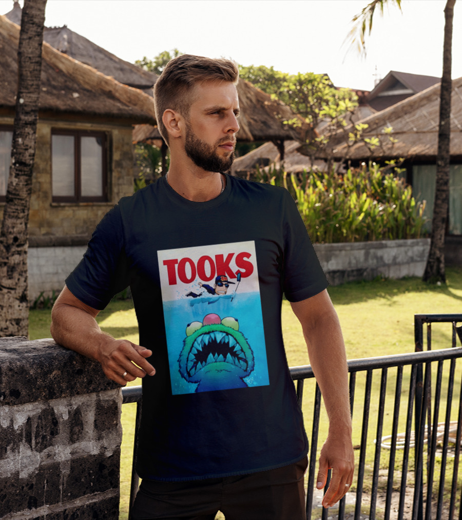 TOOKS Cartoon Giant Monster Inspired By Jaws With Diver And Cap T-Shirt