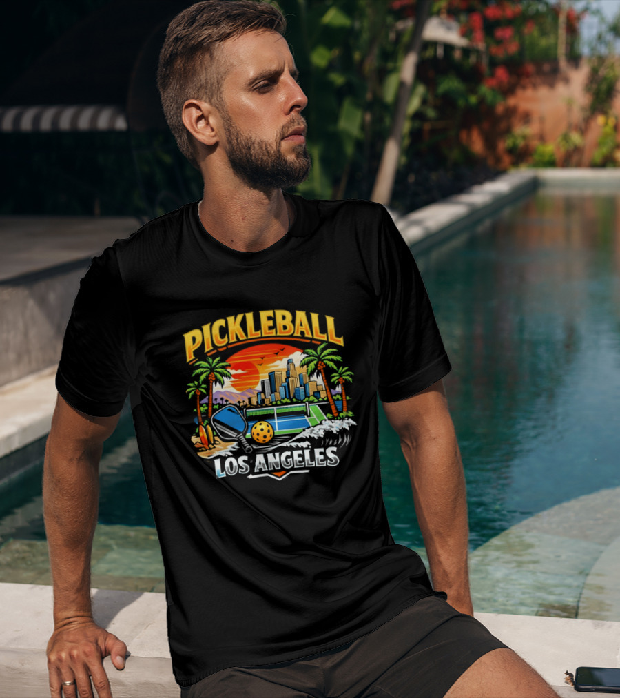 Los Angeles Pickleball City Skyline Sunset Palm Trees T-Shirt