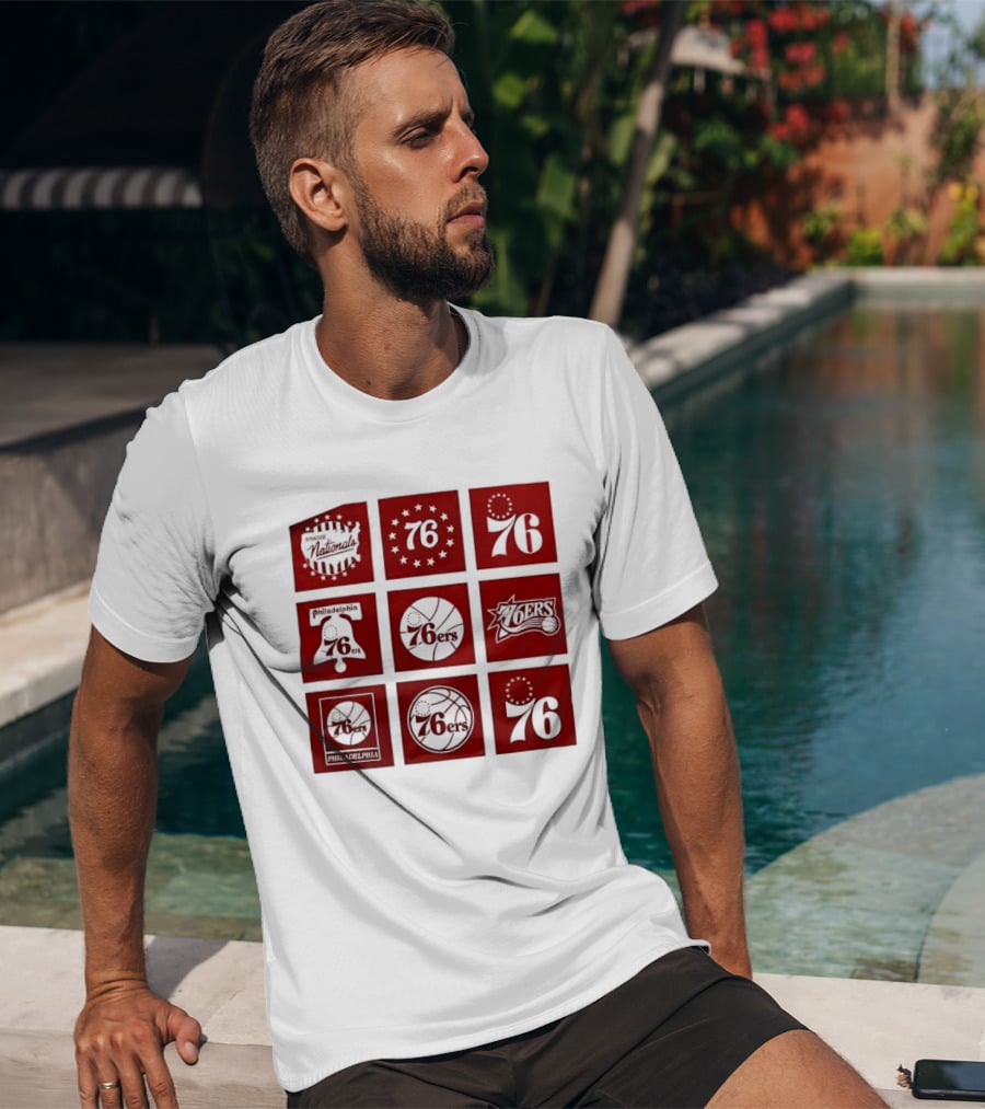Philadelphia 76ers NBA Team Retro Icons And Number 76 Basketball Squares T-Shirt