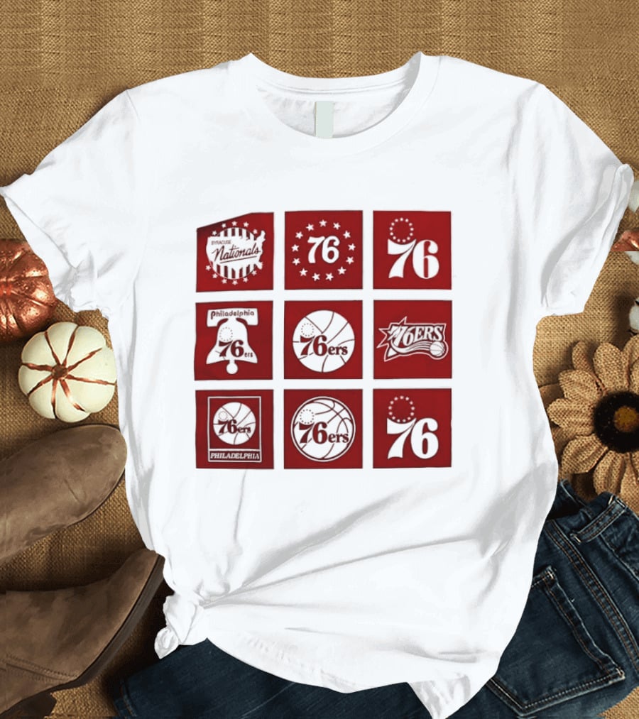 Philadelphia 76ers NBA Team Retro Icons And Number 76 Basketball Squares T-Shirt