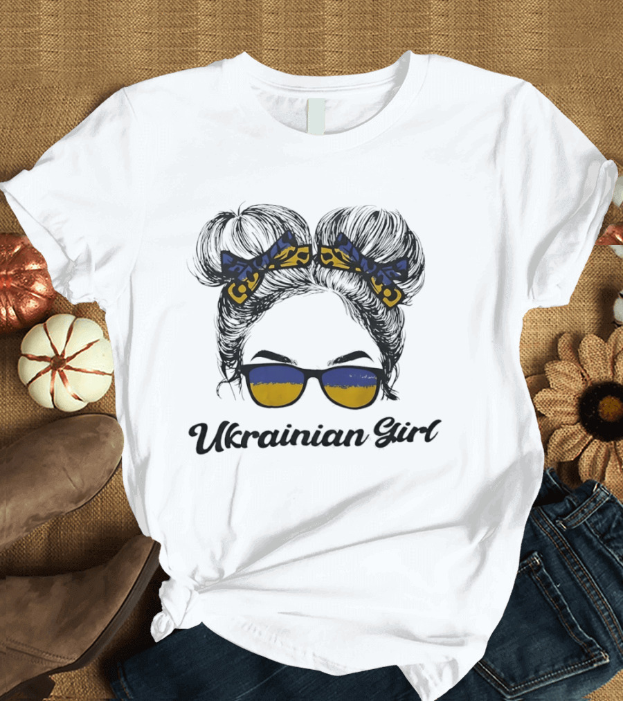 Ukrainian Girl With Flag Colors Hair Bow And Sunglasses T-Shirt