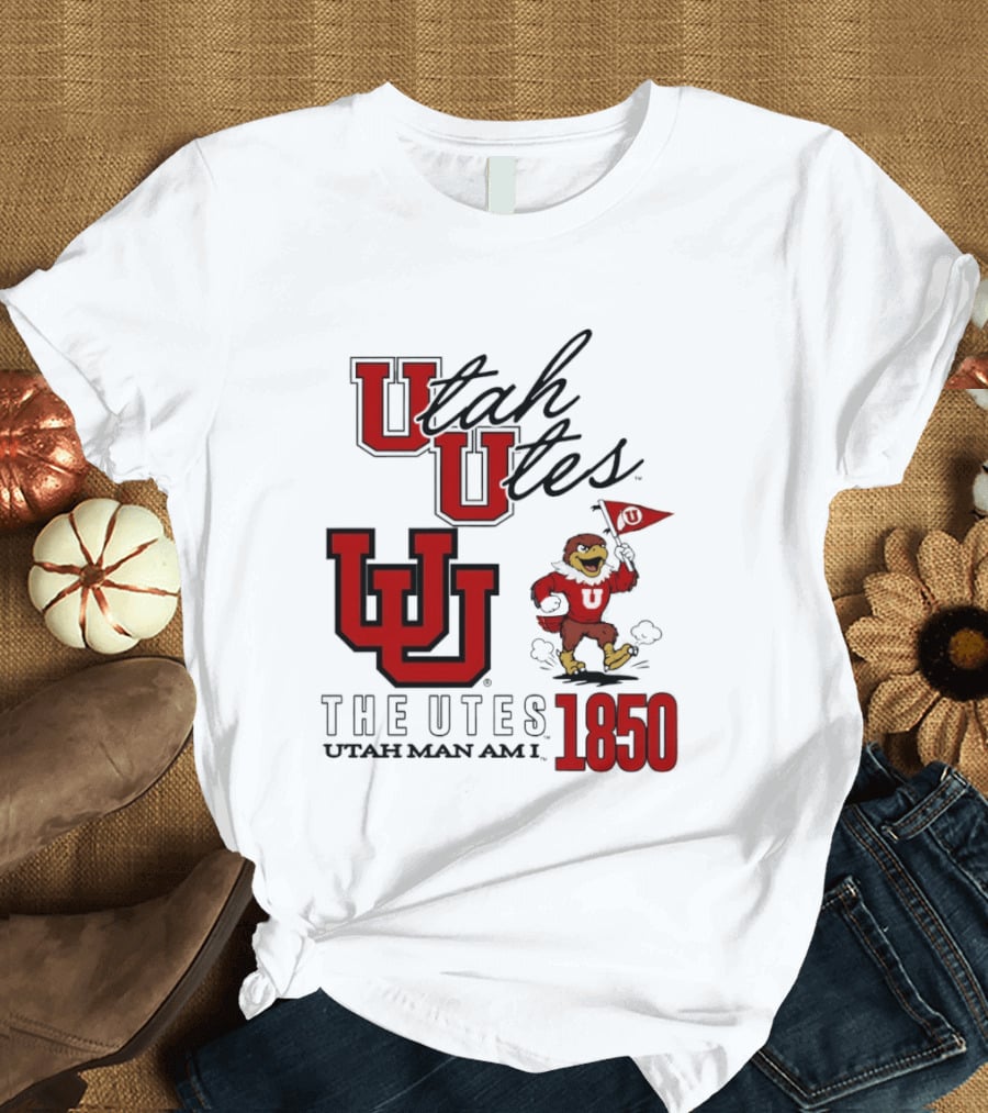 Utah Utes The Utes Utah Man Am I 1850 UU Holding Flag T-Shirt