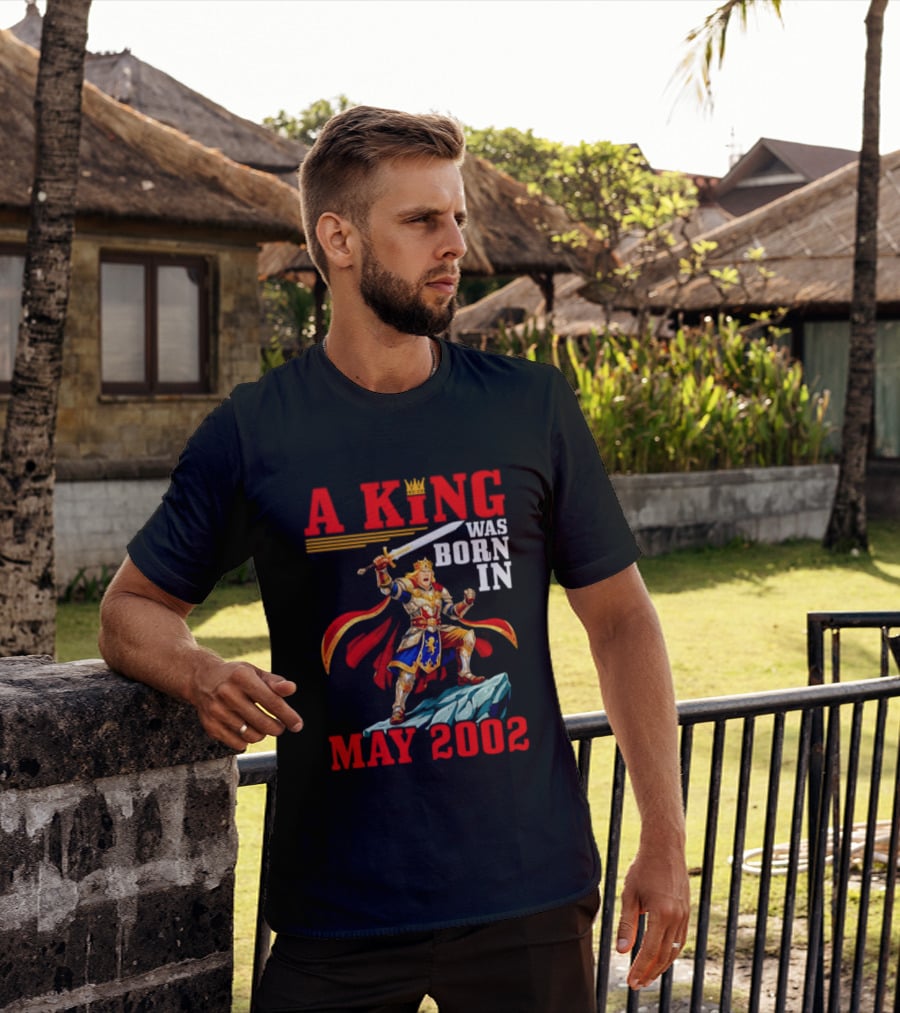 A King Was Born In May 2002 Regal Warrior With Sword And Crown T-Shirt