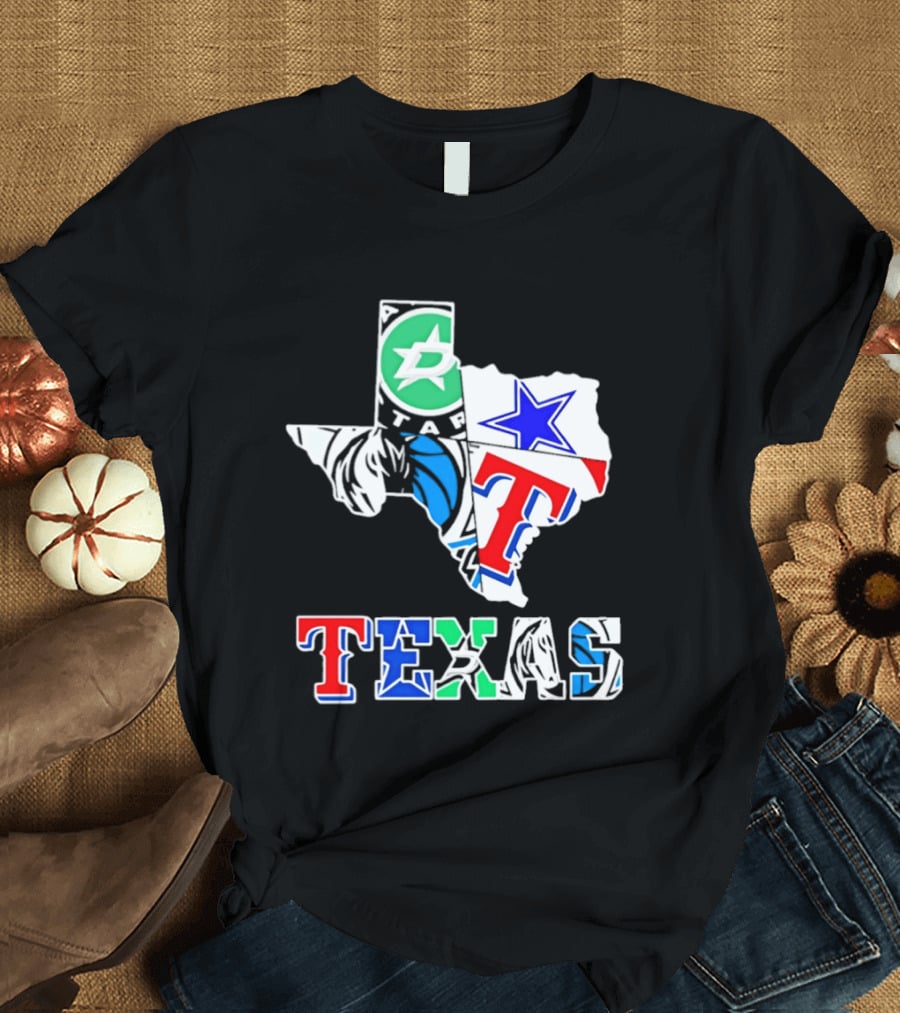 Texas Dallas Stars Mavericks Cowboys Rangers Sports Map T-Shirt