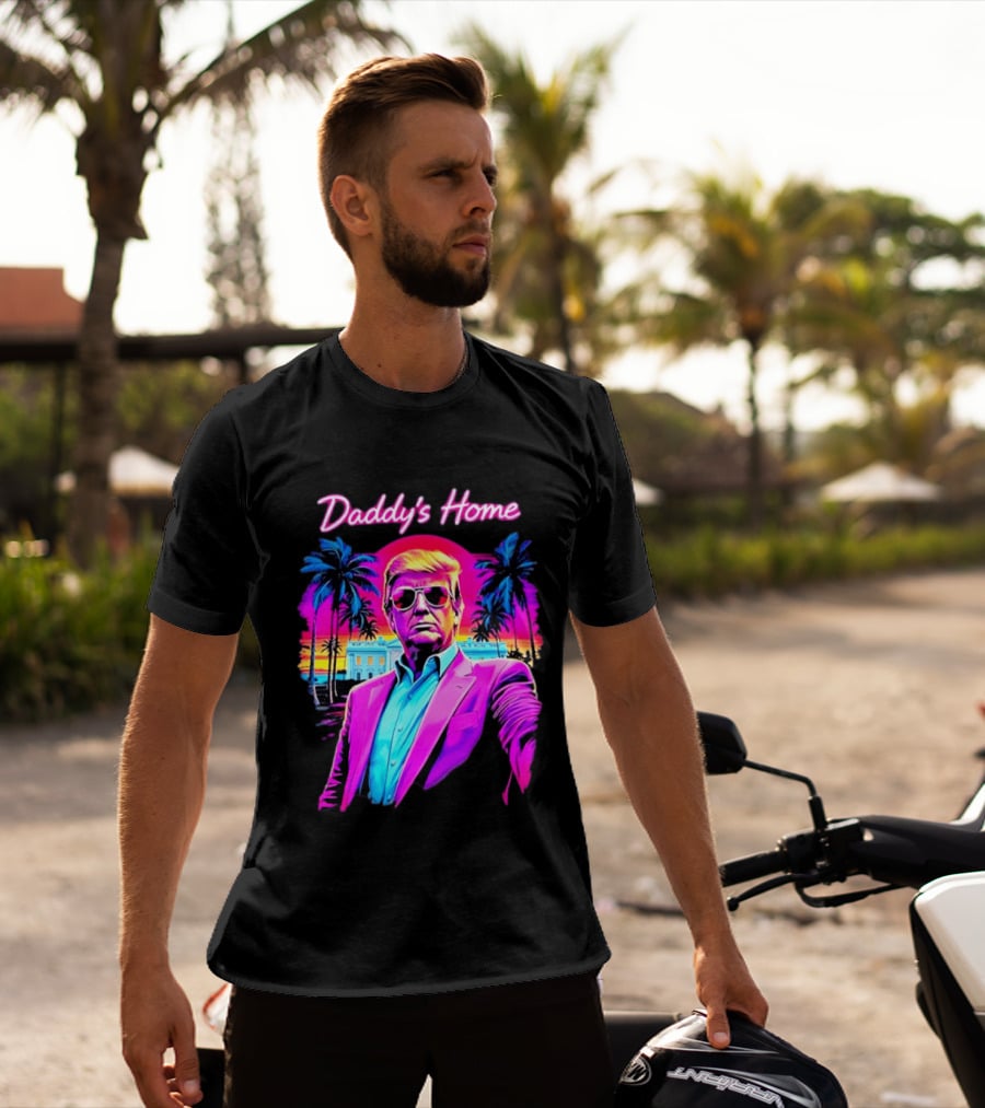 Daddy's Home Donald Trump Synthwave Sunset Beach Scene T-Shirt