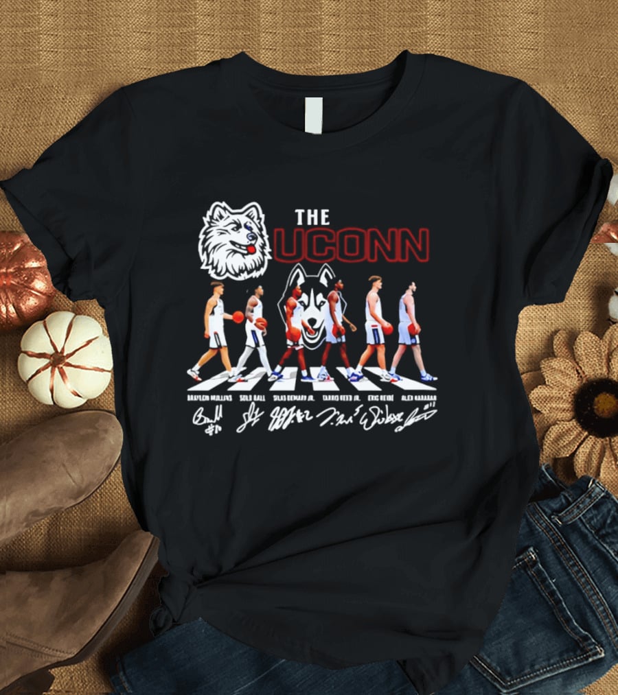 The UConn Huskies Men's Basketball Team Roster Abbey Road Player Signatures T-Shirt