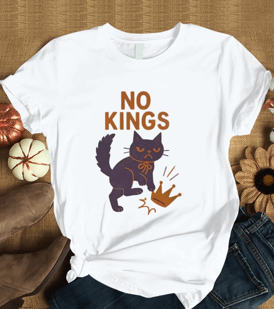 No Kings Black Cat Kicking Crown T-Shirt
