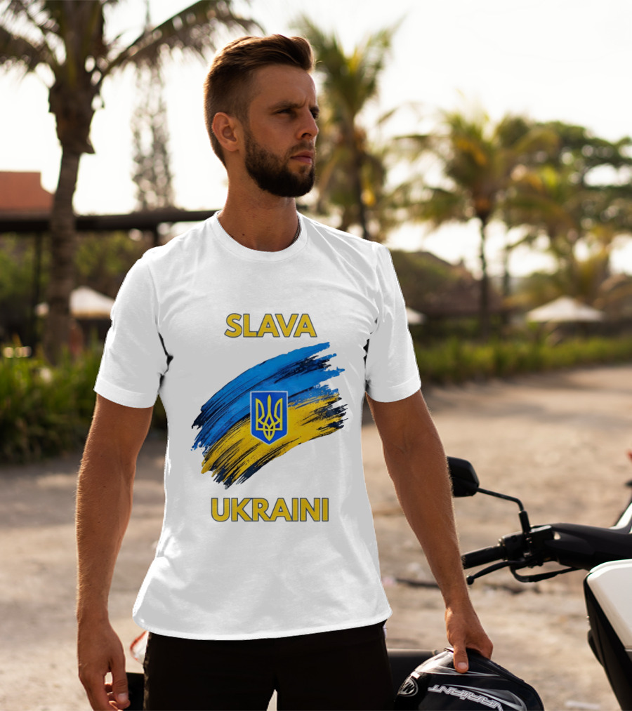 Slava Ukraini Emblem With Blue And Yellow Brush Strokes T-Shirt