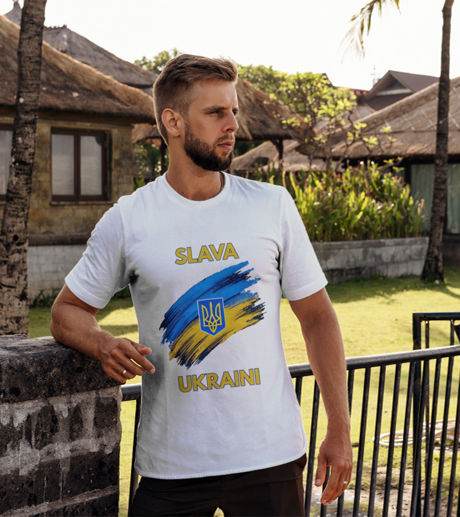 Slava Ukraini Emblem With Blue And Yellow Brush Strokes T-Shirt