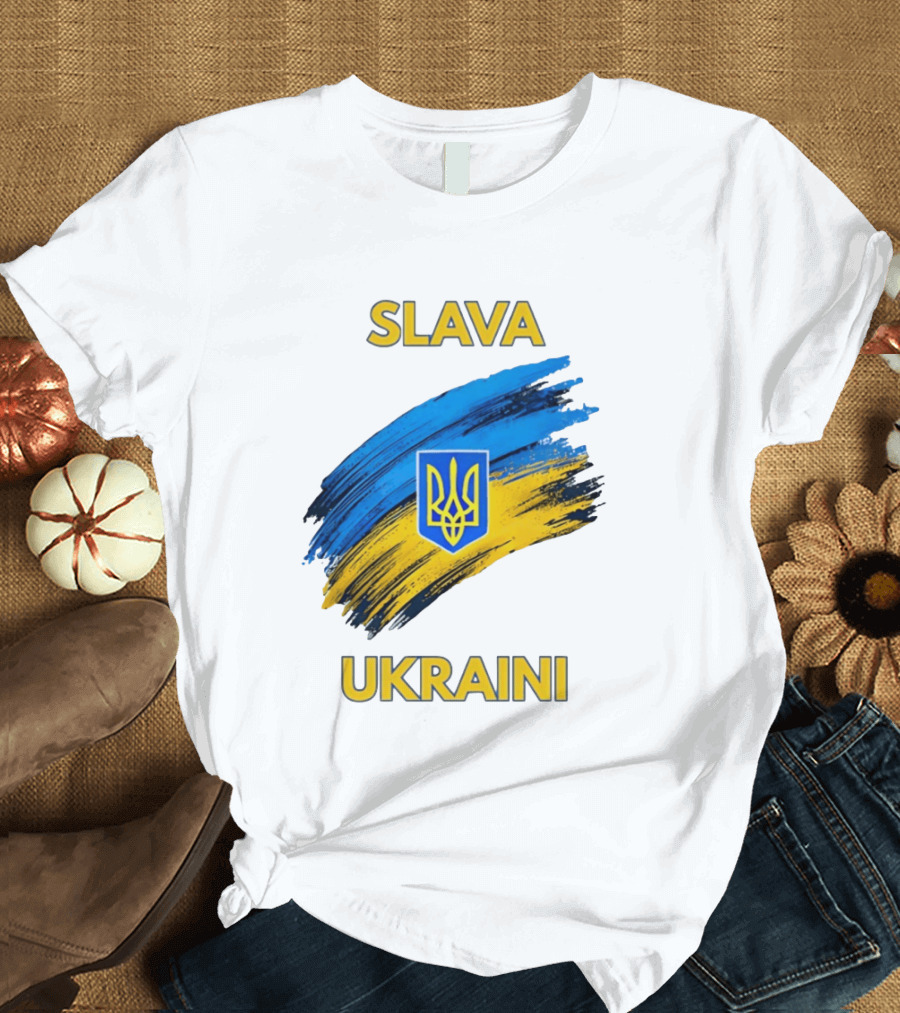 Slava Ukraini Emblem With Blue And Yellow Brush Strokes T-Shirt