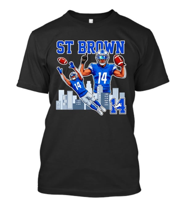 ST Brown 14 Detroit Lions Football City Skyline T-Shirt