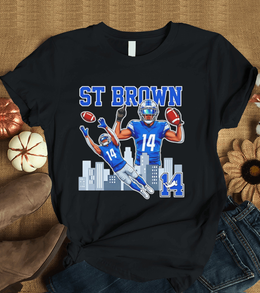 ST Brown 14 Detroit Lions Football City Skyline T-Shirt