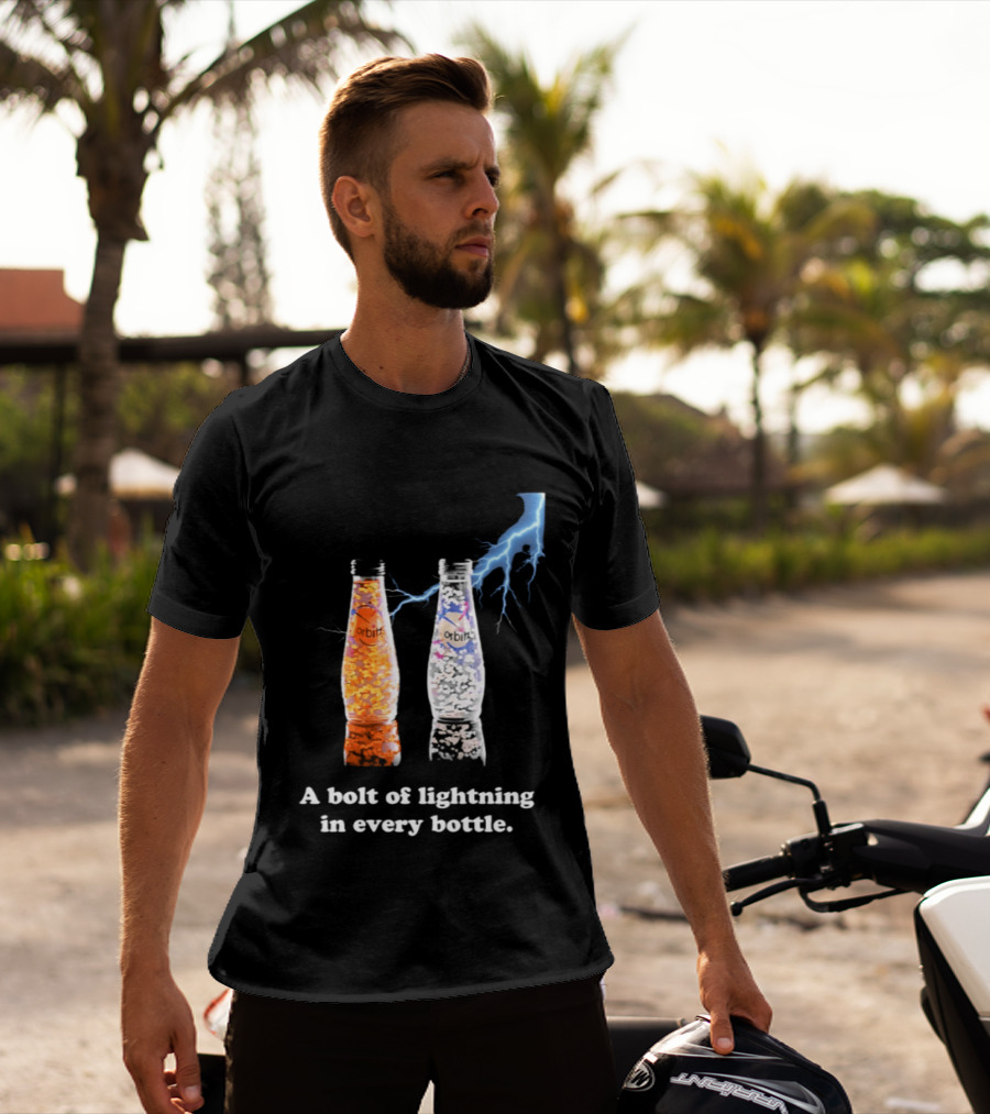 Orbitz A Bolt Of Lightning In Every Bottle Drink Bottles With Lightning Blue And Orange T-Shirt
