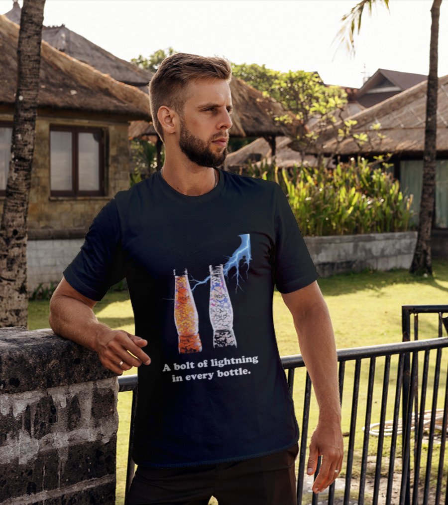 Orbitz A Bolt Of Lightning In Every Bottle Drink Bottles With Lightning Blue And Orange T-Shirt