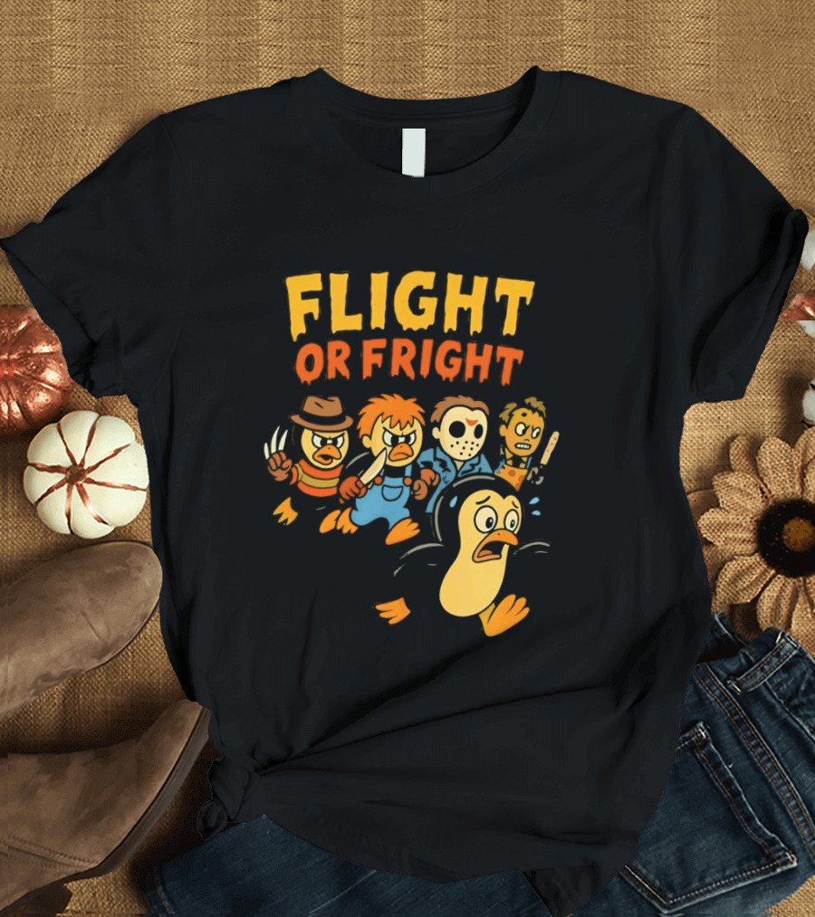 Flight Or Fright Penguin Horror Characters Comedy Mashup T-Shirt