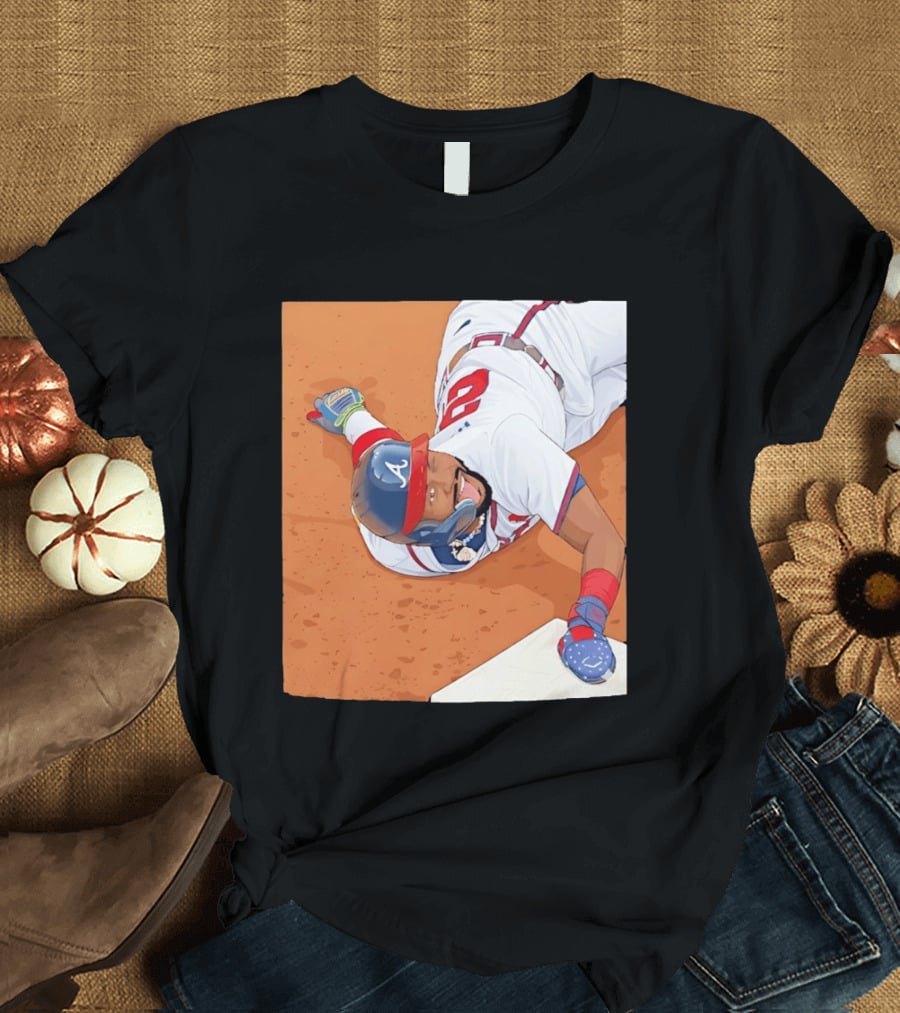 Ronald Acuna Jr Atlanta Braves Outfielder Sliding Baseball Action T-Shirt