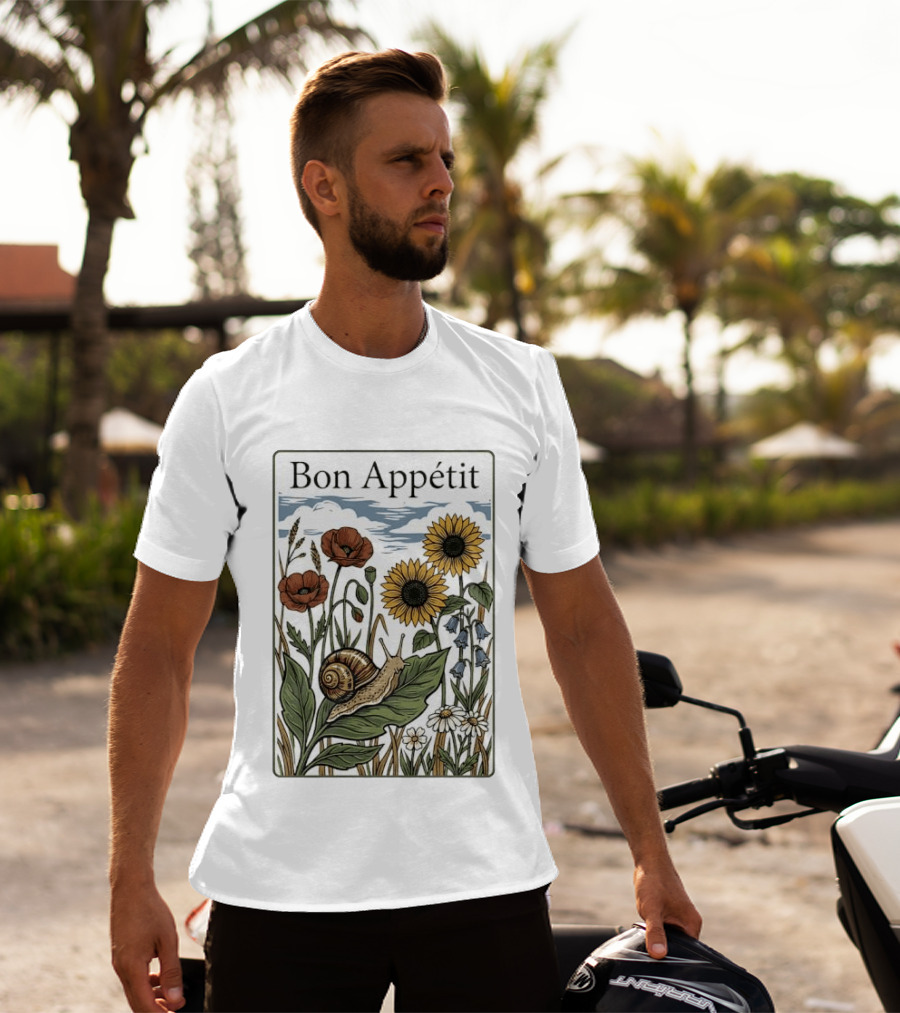 Bon Appétit Floral Snail Sunflowers And Poppies T-Shirt
