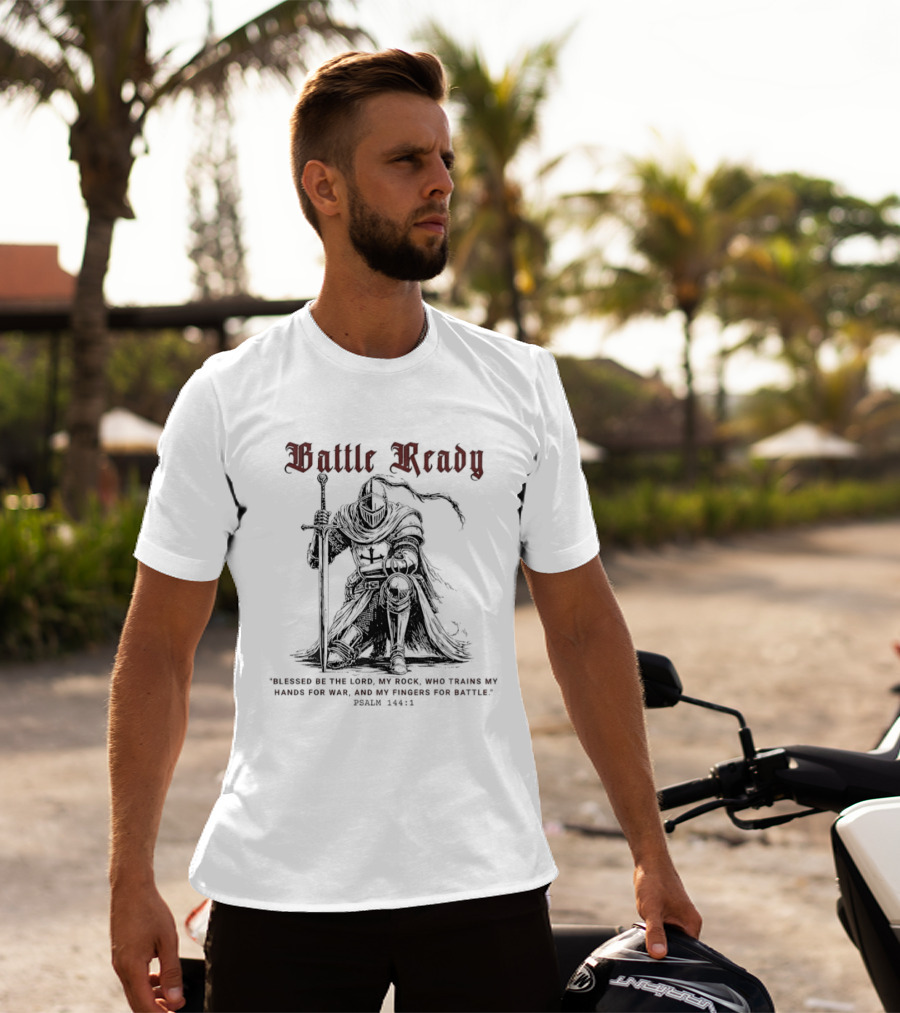 Battle Ready Medieval Knight Kneeling Blessed Be The Lord My Rock Psalm 144 1 T-Shirt