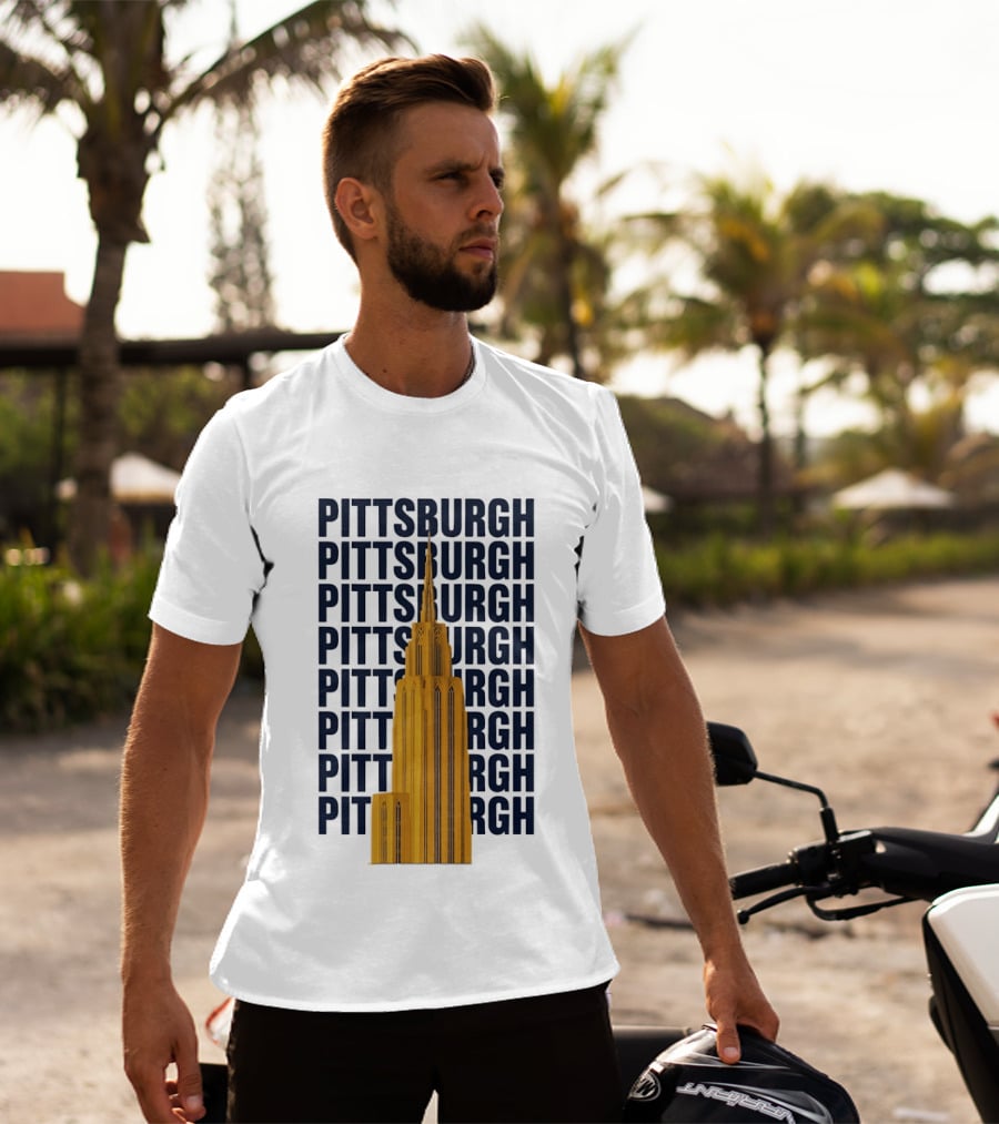 Pittsburgh Golden Tower Repeated Text Cityscape T-Shirt