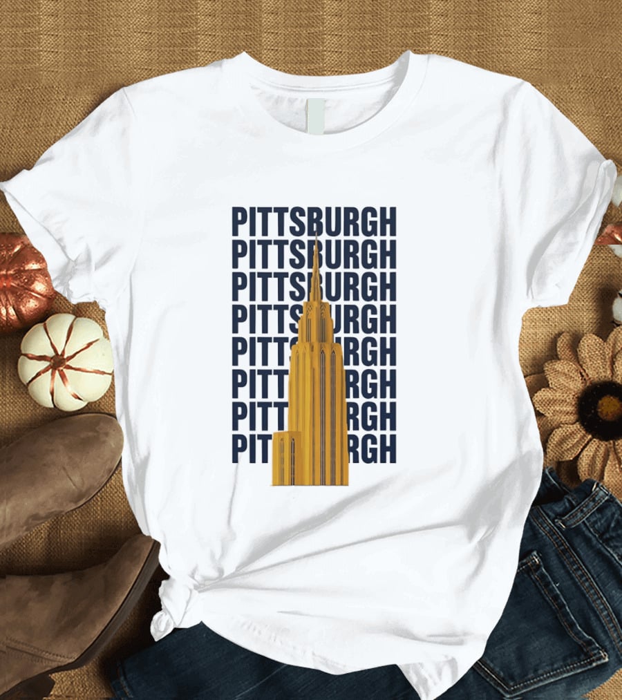 Pittsburgh Golden Tower Repeated Text Cityscape T-Shirt