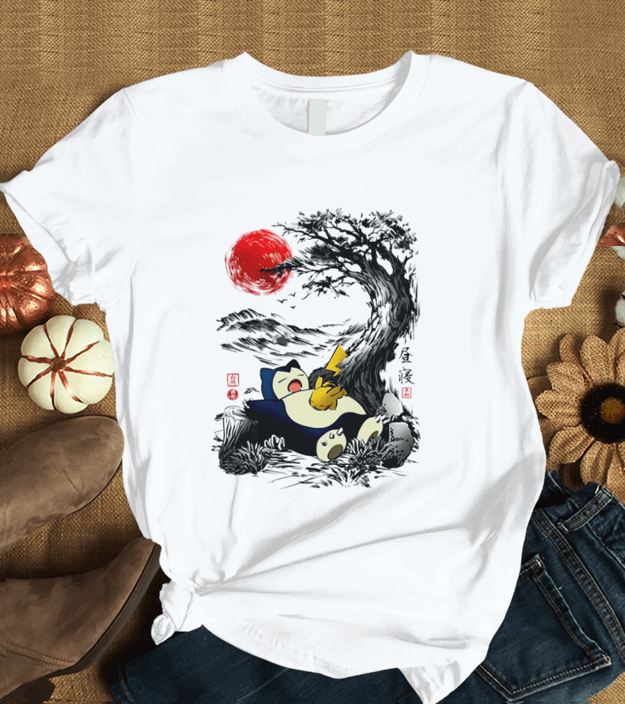 Snorlax Pikachu Napping Under Red Sun Tree T-Shirt