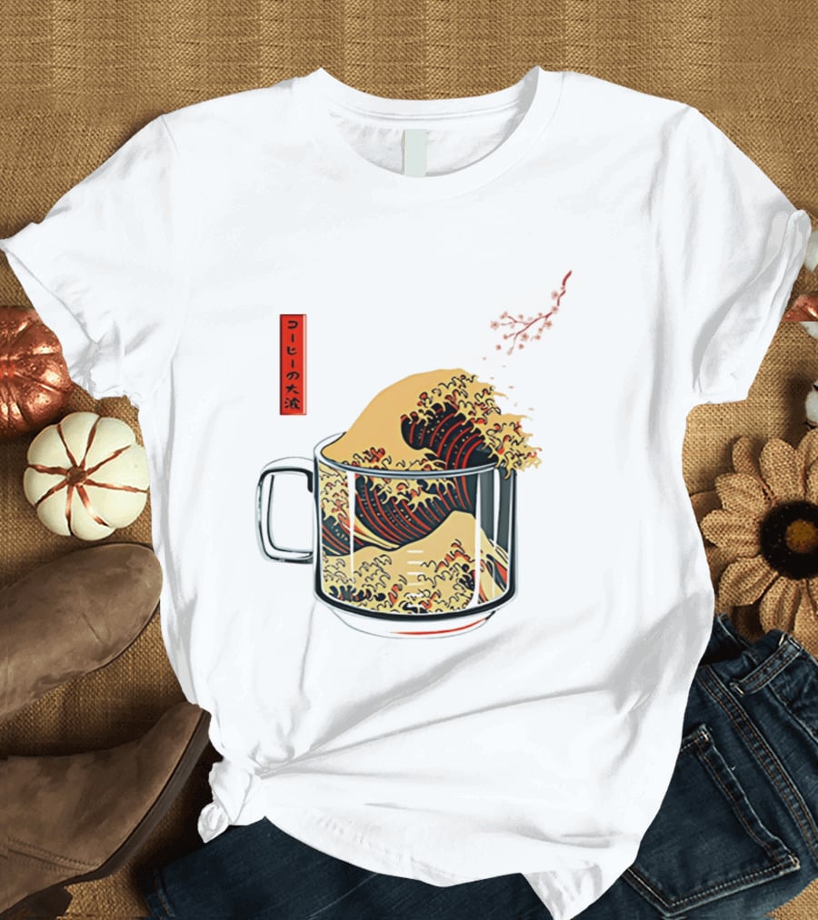 The Great Wave Of Coffee In A Cup With Japanese T-Shirt