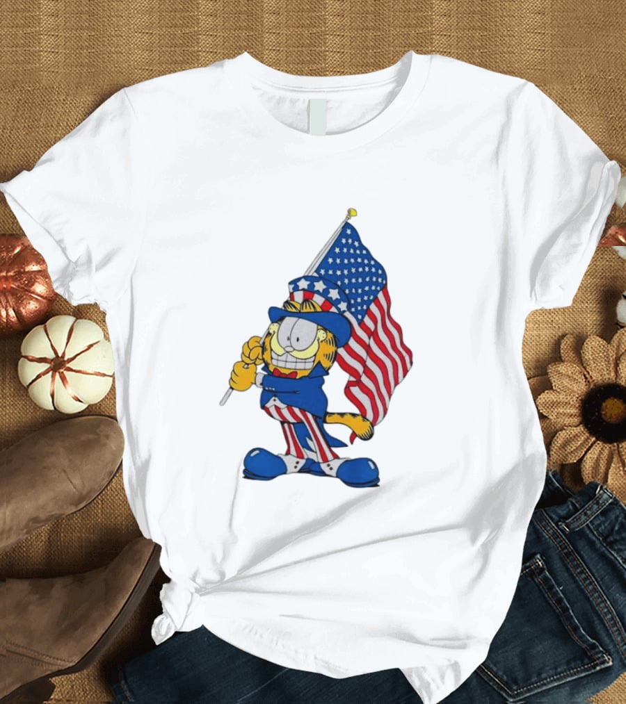 Orange Cat 250 Years Of Freedom Garfield Uncle Sam American Flag T-Shirt