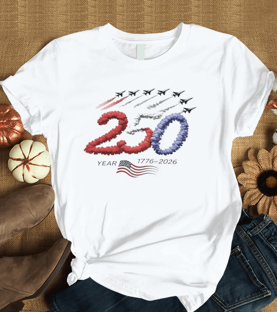 250 Year Anniversary USA Plane Smoke With American Flag T-Shirt