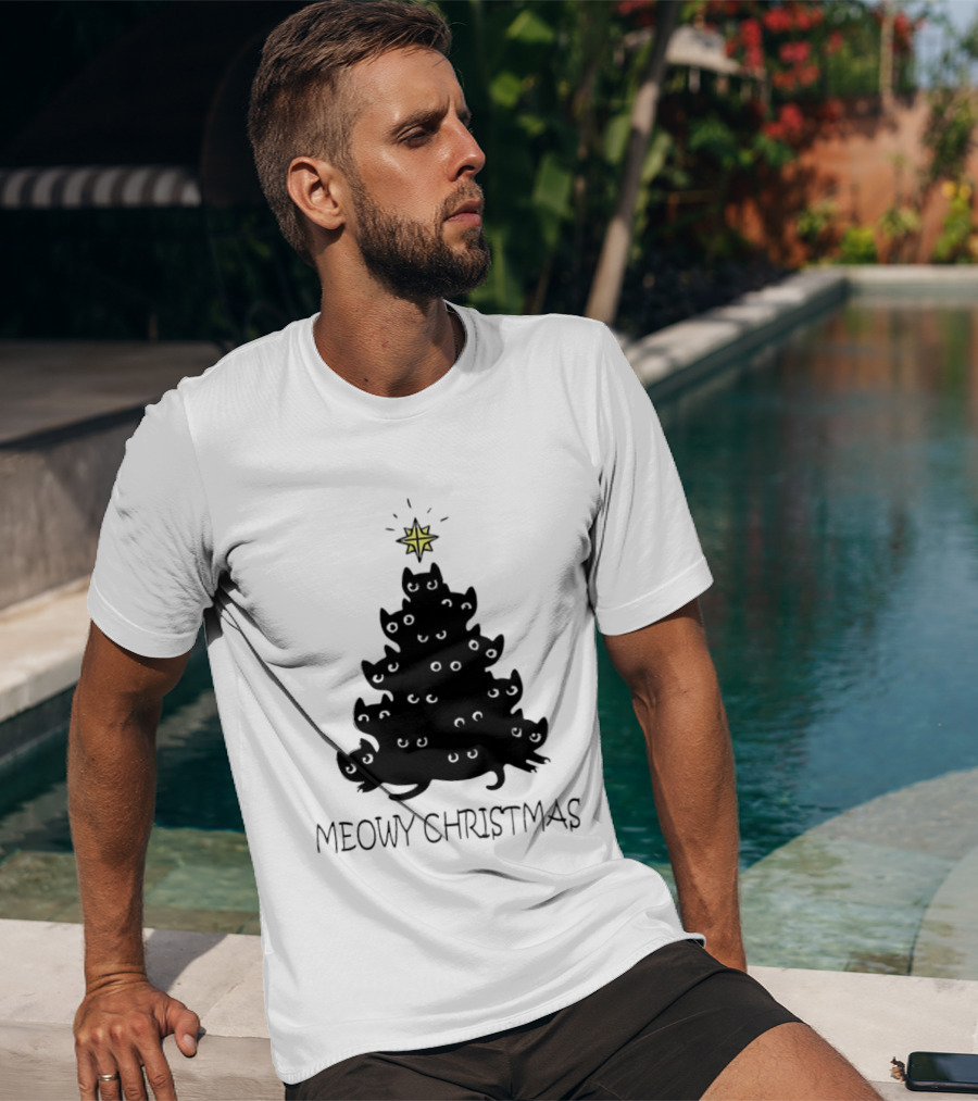 Black Cat Pine Tree Shape Meowy Christmas Star T-Shirt