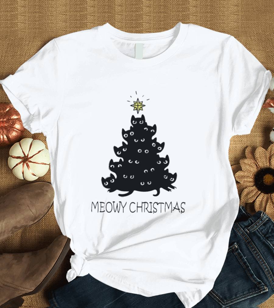Black Cat Pine Tree Shape Meowy Christmas Star T-Shirt