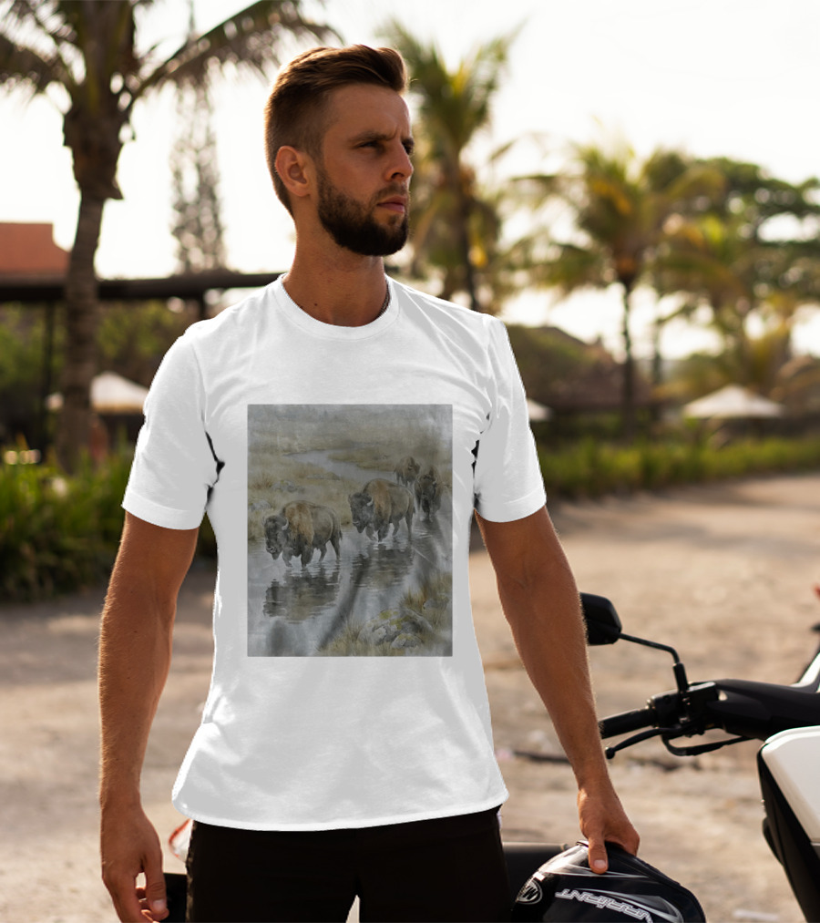 Bison Herd Crossing River On Prairie Landscape Scene T-Shirt