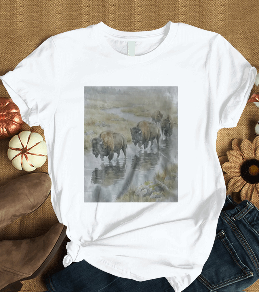 Bison Herd Crossing River On Prairie Landscape Scene T-Shirt