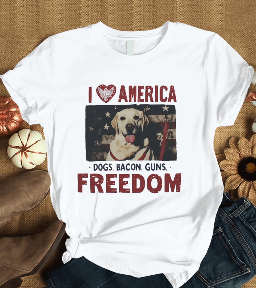 I Love America Dogs Bacon Guns Freedom Labrador Stars And Stripes T-Shirt
