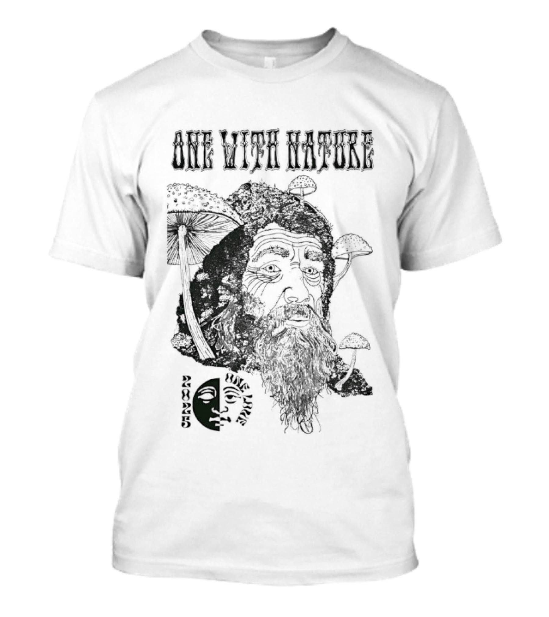 One With Nature Mushroom Face With Beard And Mushrooms T-Shirt