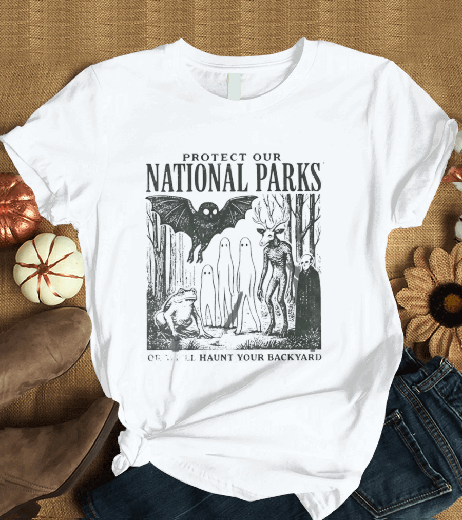 Protect Our National Parks Mothman Bigfoot Ghost Deer Cryptid Horror Characters T-Shirt
