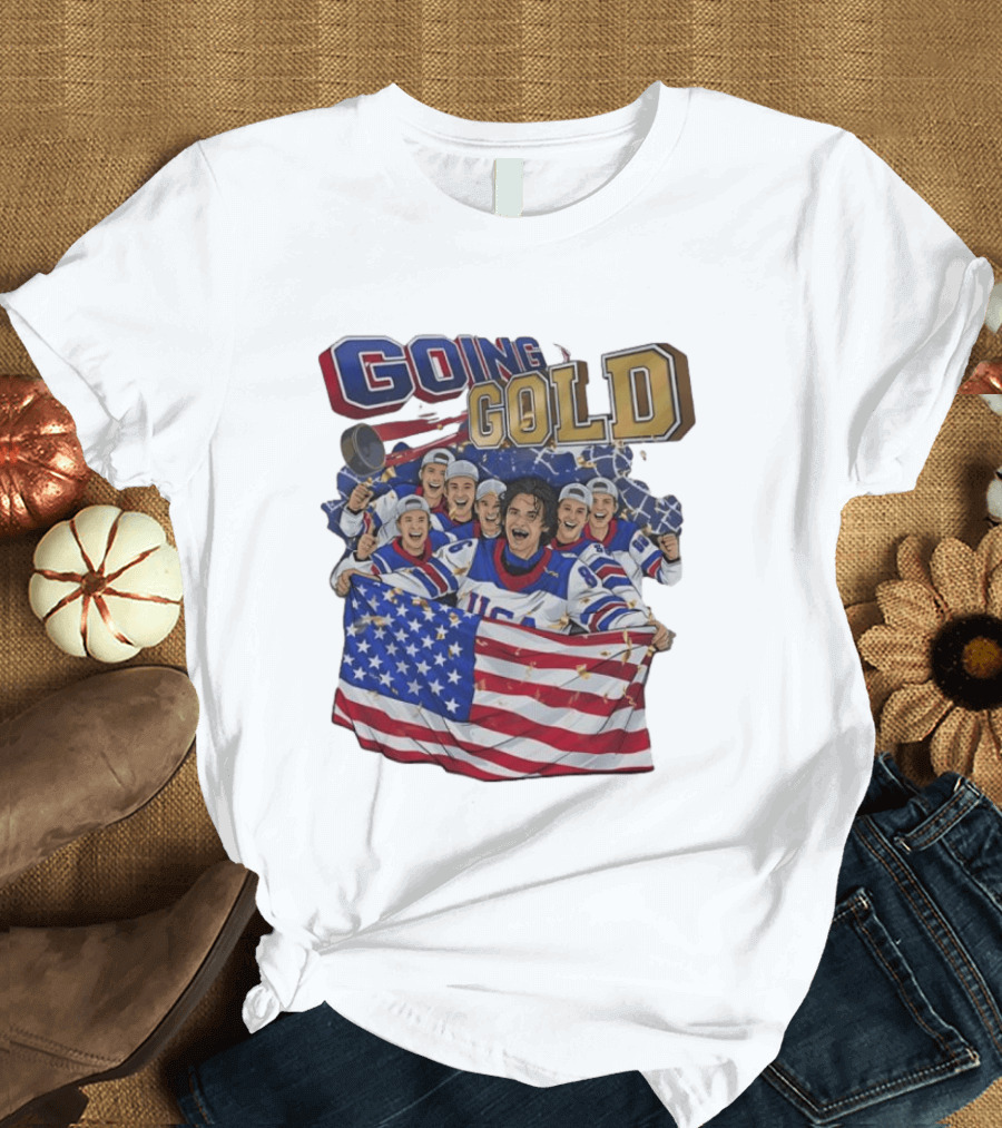 GOING GOLD USA Hockey Team Celebration With Flag T-Shirt