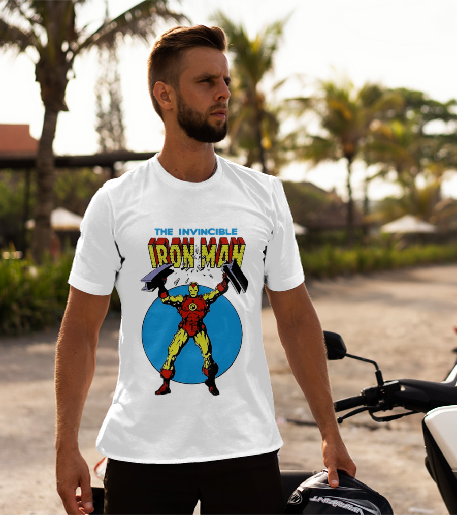 The Invincible Iron Man Bending Iron Bar Marvel Comic T-Shirt