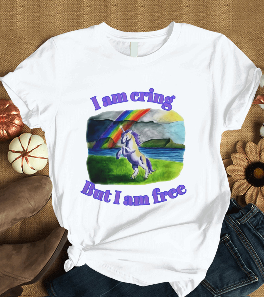 Unicorn I Am Cringe But I Am Free Rainbow Meadow T-Shirt