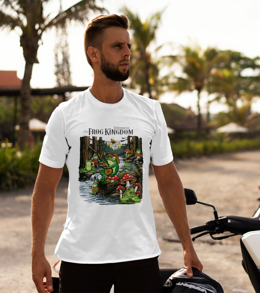 Frog Playing Guitar Forest Gathering Welcome To The Frog Kingdom T-Shirt