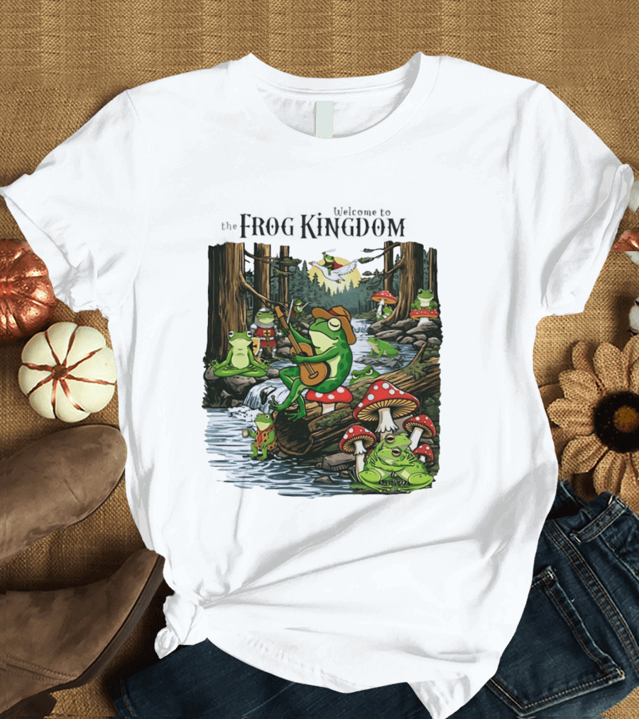 Frog Playing Guitar Forest Gathering Welcome To The Frog Kingdom T-Shirt
