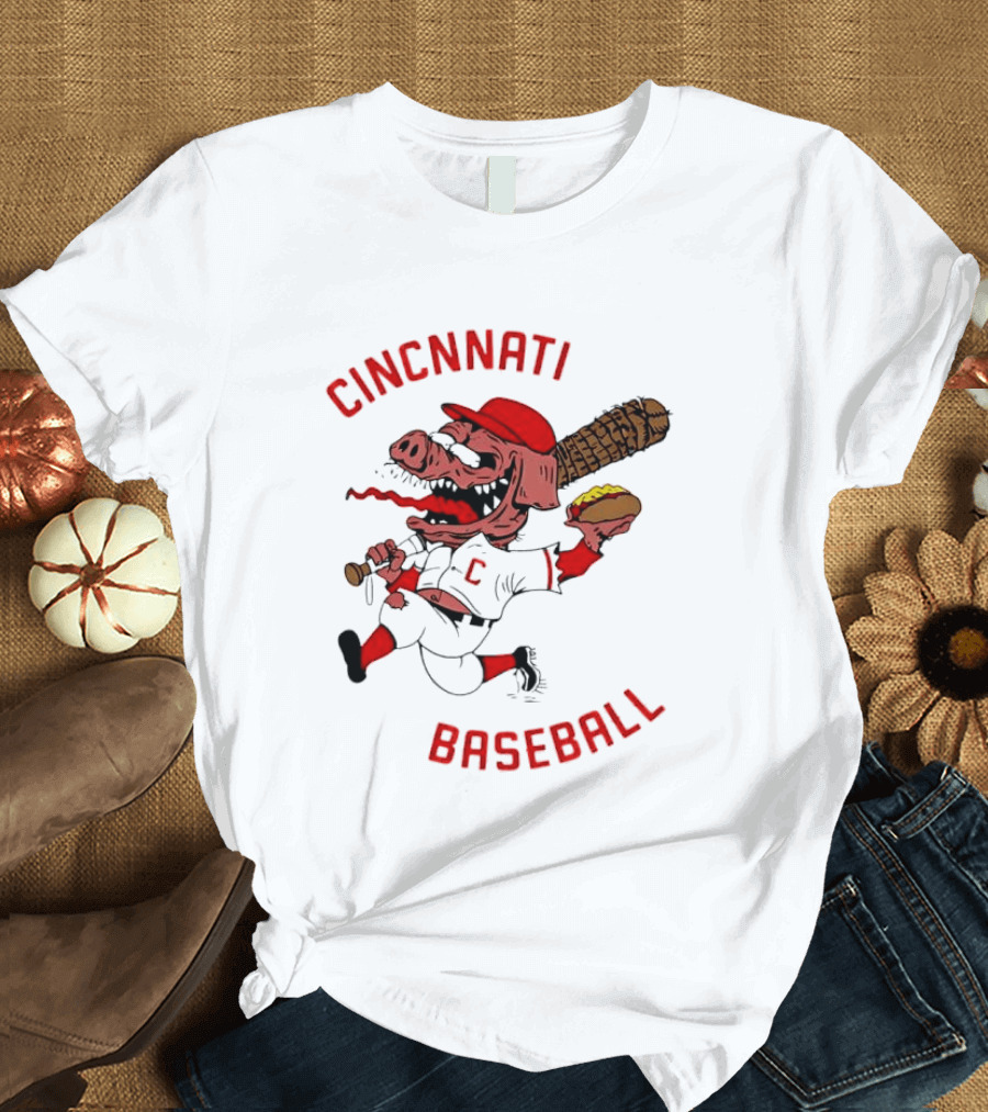 Cincinnati Baseball Pig Holding Hot Dog Bat T-Shirt