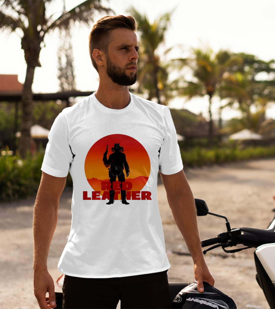 Red Leather Cowboy Sunset Silhouette With Gun And Hat In Desert T-Shirt