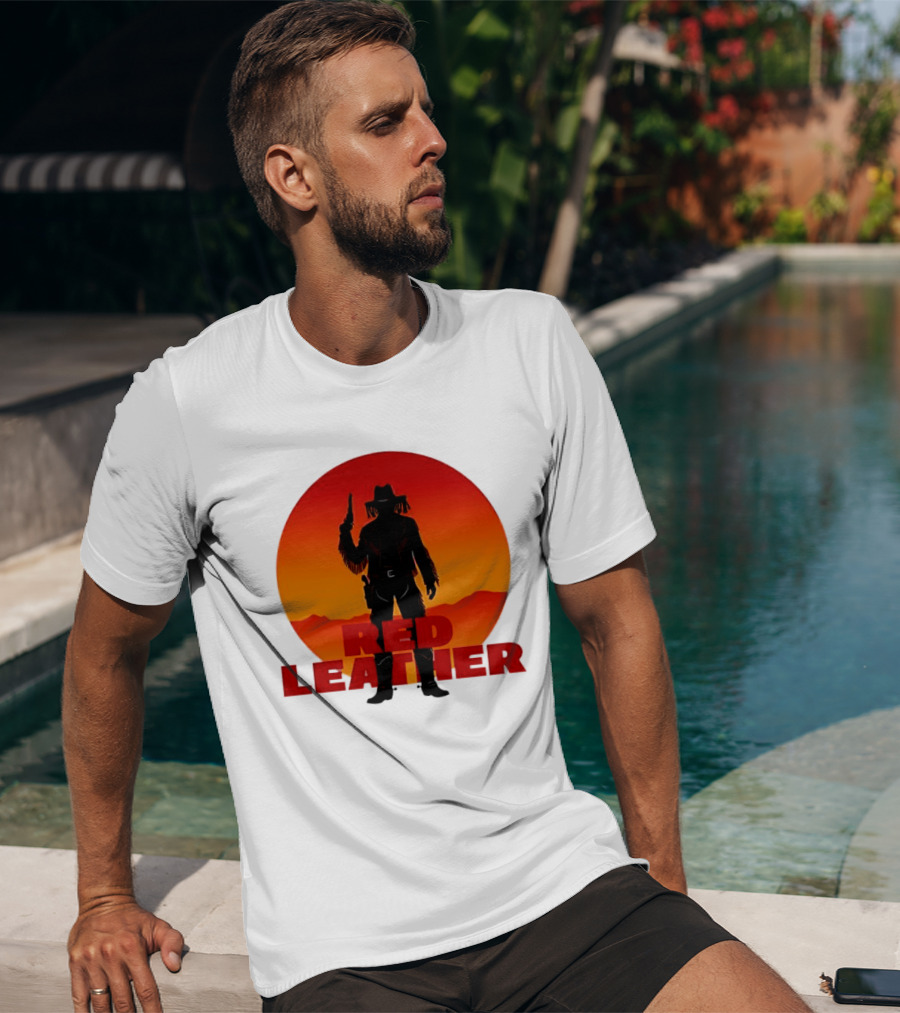 Red Leather Cowboy Sunset Silhouette With Gun And Hat In Desert T-Shirt