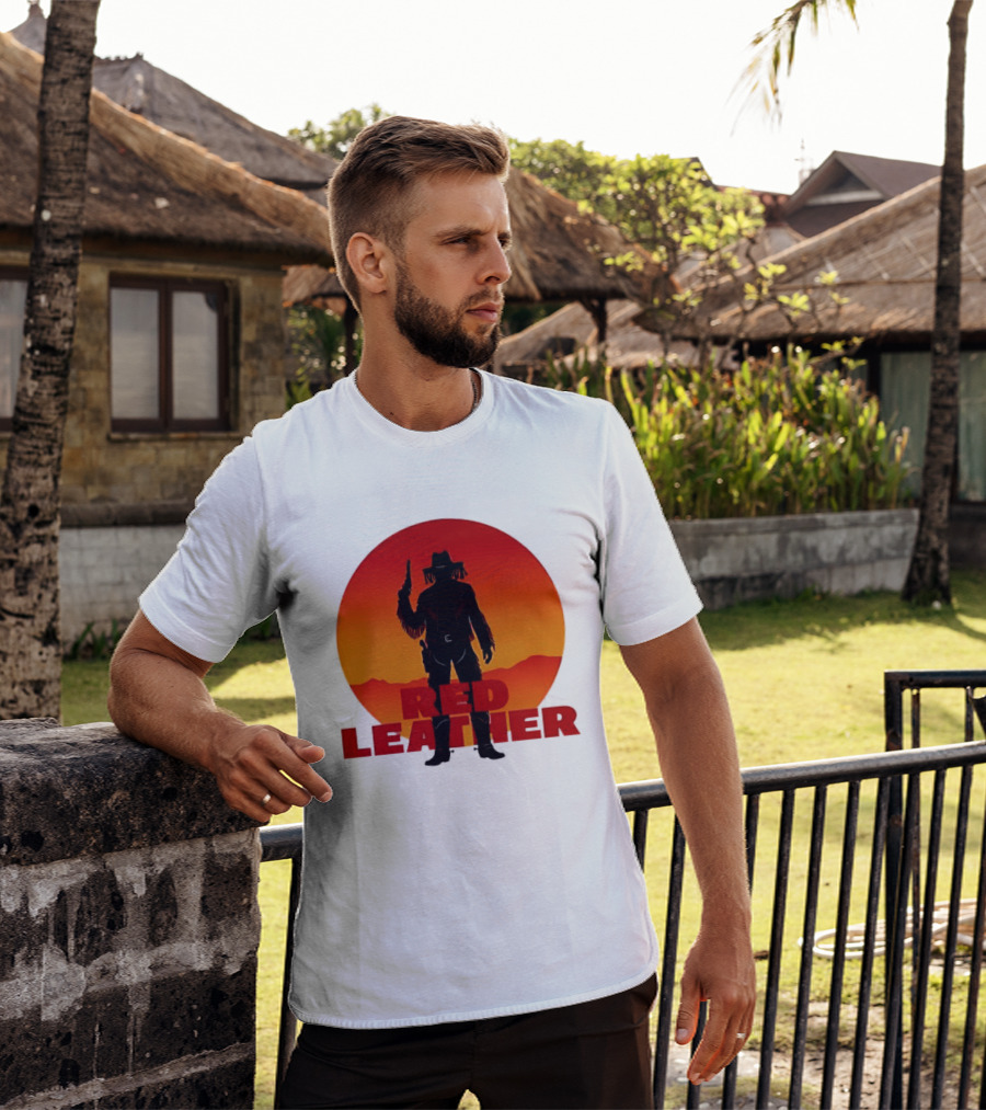 Red Leather Cowboy Sunset Silhouette With Gun And Hat In Desert T-Shirt